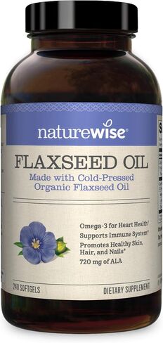 زيت بذور الكتان العضوي من NatureWise 1200 مجم 720 مجم ALA زيت الكتان عالي الفعالية أوميغا 3 للقلب والأوعية الدموية والمعرفية ودعم المناعة للشعر الصحي والبشرة والأظافر غير المعدلة وراثيًا [4 أشهر - 240 كبسولة هلامية] in Kuwait