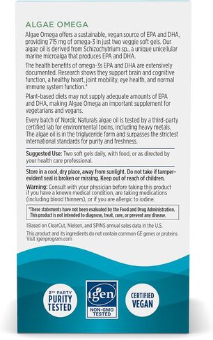 Nordic Naturals Algae Omega - 120 كبسولة هلامية ناعمة - 715 مجم أوميغا 3 - زيت الطحالب النباتية المعتمدة - EPA وDHA نباتي - صحة القلب والعين والمناعة والدماغ - غير معدلة وراثيًا - 60 حصة in Saudi Arabia