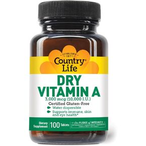 Country Life فيتامين A الجاف، يدعم صحة المناعة والبشرة والعين، 10000 وحدة دولية، 100 قرص، معتمد خالي من الغلوتين، نباتي معتمد، حلال معتمد in Saudi Arabia