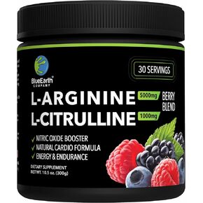 مسحوق ما قبل التمرين من شركة بلو إيرث، إل أرجينين 5000 ملجم، مكمل سيترولين 1000 ملجم، معزز أكسيد النيتريك، مونوهيدرات الكرياتين، بيتا ألانين، الكافيين، مزيج مشروبات الطاقة قبل التمرين، للرجال والنساء in Kuwait