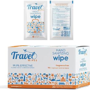 HAND SANITIZING TRAVEL WIPES - Individually Packed Premium Hand Sanitizing Wipes for Travel, Home, Office, School, etc. with Moisturizer - Manufactured in USA (Fragrance Free 30ct Box) in Kuwait