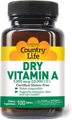Country Life Dry Vitamin A, Supports Immune, Skin & Eye Health, 10,000 IU, 100 Tablets, Certified Gluten Free, Certified Vegan, Certified Halal in Saudi Arabia