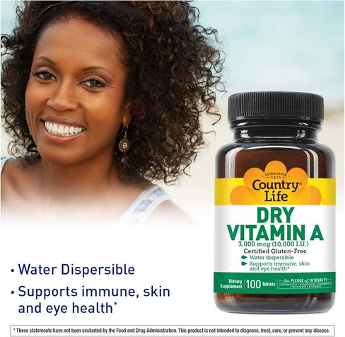 Country Life Dry Vitamin A, Supports Immune, Skin & Eye Health, 10,000 IU, 100 Tablets, Certified Gluten Free, Certified Vegan, Certified Halal in Saudi Arabia