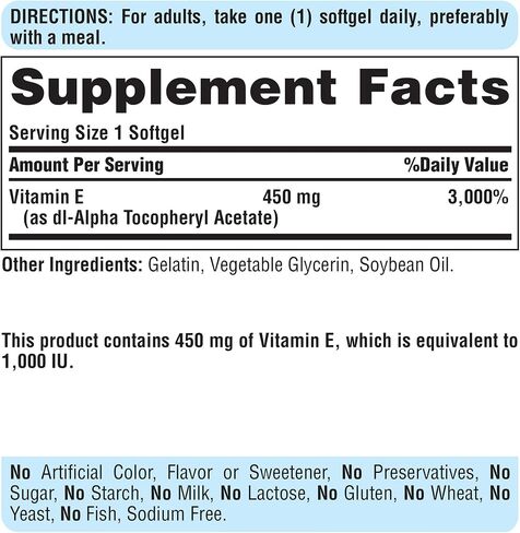 فيتامين E من Puritan's Pride يدعم وظيفة المناعة، 450 مجم، 100 قطعة (عبوة من قطعتين) - قد تختلف العبوة in Kuwait