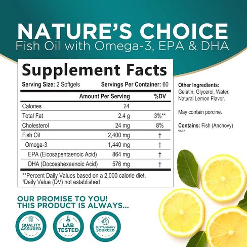 Omega 3 Fish Oil Supplements - 2400mg Fish Oil Per Serving - Triple Strength Omega-3 with Fatty Acids EPA & DHA - Natural Heart, Brain & Immune Support - Wild Caught, Bottled in USA - 240 Softgels in Kuwait