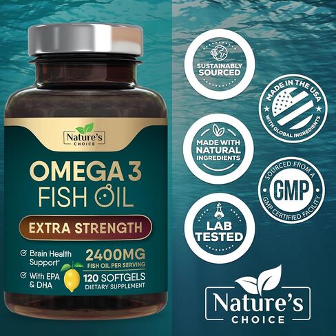 Omega 3 Fish Oil Supplements - 2400mg Fish Oil Per Serving - Triple Strength Omega-3 with Fatty Acids EPA & DHA - Natural Heart, Brain & Immune Support - Wild Caught, Bottled in USA - 240 Softgels in Kuwait