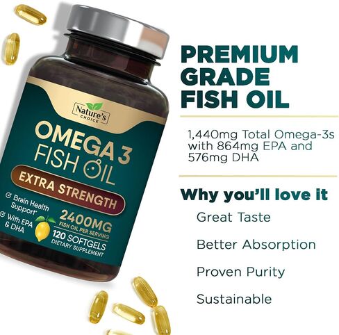 Omega 3 Fish Oil Supplements - 2400mg Fish Oil Per Serving - Triple Strength Omega-3 with Fatty Acids EPA & DHA - Natural Heart, Brain & Immune Support - Wild Caught, Bottled in USA - 240 Softgels in Kuwait