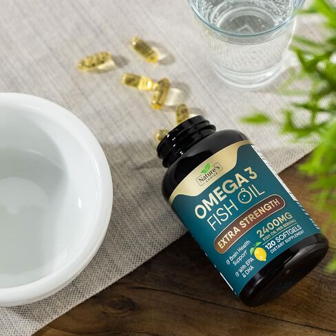 Omega 3 Fish Oil Supplements - 2400mg Fish Oil Per Serving - Triple Strength Omega-3 with Fatty Acids EPA & DHA - Natural Heart, Brain & Immune Support - Wild Caught, Bottled in USA - 240 Softgels in Kuwait