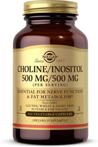 Solgar Choline/Inositol 500 mg/500 mg, 100 Vegetable Capsules - Energy Metabolism, Liver Health, Essential for Brain & Nerve Function - Non-GMO, Vegan, Gluten Free, Dairy Free, Kosher - 50 Servings in Saudi Arabia