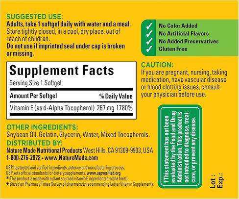Nature Made Vitamin E 267 mg (400 IU) d-Alpha، مكمل غذائي لدعم مضادات الأكسدة، 100 كبسولة هلامية، كمية تكفي 100 يوم in Kuwait