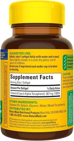 Nature Made Vitamin E 267 mg (400 IU) d-Alpha، مكمل غذائي لدعم مضادات الأكسدة، 100 كبسولة هلامية، كمية تكفي 100 يوم in Kuwait