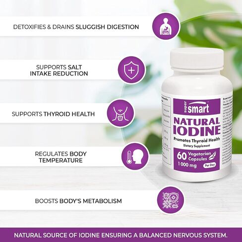Supersmart - Natural Iodine 1000 mg Per Day - Standardized to 650 ppm of Iodine - Thyroid & Healthy Nervous System Support Supplement | Non-GMO & Gluten Free - 60 Vegetarian Capsules in Saudi Arabia