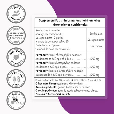 Supersmart - Natural Iodine 1000 mg Per Day - Standardized to 650 ppm of Iodine - Thyroid & Healthy Nervous System Support Supplement | Non-GMO & Gluten Free - 60 Vegetarian Capsules in Saudi Arabia