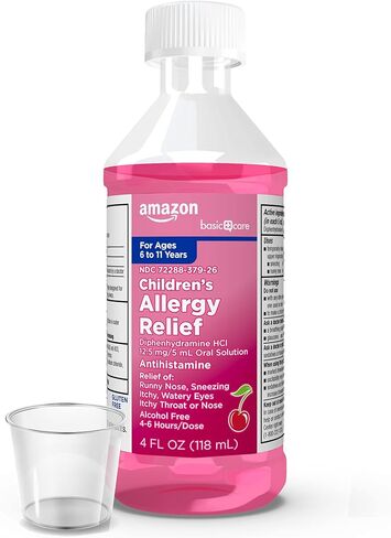 سائل تخفيف حساسية الأطفال من أمازون بيسك كير، دواء حساسية الأطفال مع ديفينهيدرامين حمض الهيدروكلوريك، مضادات الهيستامين، نكهة الكرز، للأطفال الذين تتراوح أعمارهم بين 6-11 سنة، 8 أونصة سائلة in Kuwait