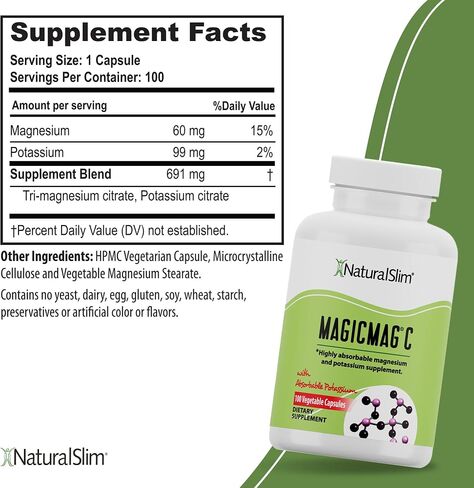 كبسولات سيترات المغنيسيوم NaturalSlim MagicMag C – مكمل المغنيسيوم مع البوتاسيوم الطبيعي | دعم النوم وصحة القلب وتخفيف تشنجات العضلات | خالي من الغلوتين، 100 كبسولة (عبوة واحدة) in Kuwait