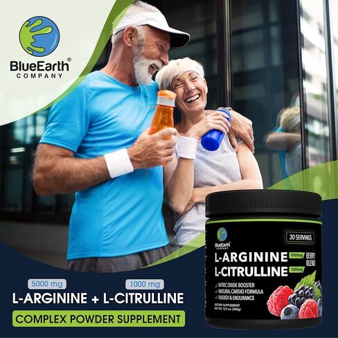 مسحوق ما قبل التمرين من شركة بلو إيرث، إل أرجينين 5000 ملجم، مكمل سيترولين 1000 ملجم، معزز أكسيد النيتريك، مونوهيدرات الكرياتين، بيتا ألانين، الكافيين، مزيج مشروبات الطاقة قبل التمرين، للرجال والنساء in Kuwait