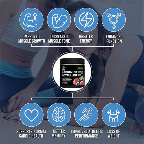 مسحوق ما قبل التمرين من شركة بلو إيرث، إل أرجينين 5000 ملجم، مكمل سيترولين 1000 ملجم، معزز أكسيد النيتريك، مونوهيدرات الكرياتين، بيتا ألانين، الكافيين، مزيج مشروبات الطاقة قبل التمرين، للرجال والنساء in Kuwait