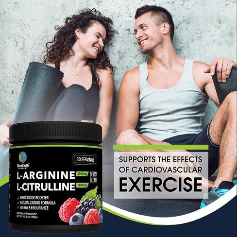 مسحوق ما قبل التمرين من شركة بلو إيرث، إل أرجينين 5000 ملجم، مكمل سيترولين 1000 ملجم، معزز أكسيد النيتريك، مونوهيدرات الكرياتين، بيتا ألانين، الكافيين، مزيج مشروبات الطاقة قبل التمرين، للرجال والنساء in Kuwait