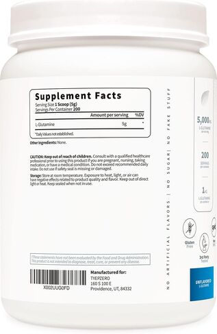 مسحوق الجلوتامين 5X Strength L (5000 مجم | 1 كجم) مكمل جلوتامين L نقي لمدة 6 أشهر لصحة الأمعاء المتسربة، ودعم وتعافي بطانة الجهاز الهضمي للنساء والرجال - نباتي، خالي من الغلوتين، بدون مواد حشو in Kuwait