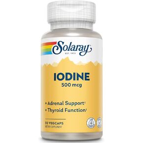 Solaray Iodine 500 mcg، مكمل اليود لدعم صحة الغدة الكظرية والغدة الدرقية، الطاقة، التمثيل الغذائي، والتركيز، يوديد البوتاسيوم، نباتي، ضمان استعادة الأموال لمدة 60 يومًا، 30 وجبة، 30 كبسولة نباتية in Kuwait