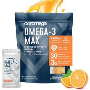 كوروميجا ماكس زيت السمك أوميغا 3 عالي التركيز، 2400 مجم أوميغا 3 مع امتصاص أفضل 3 مرات من الكبسولات الطرية، 60 عبوة فردية، نكهة الحمضيات؛ مكمل مضاد للالتهابات مع فيتامين د in Kuwait