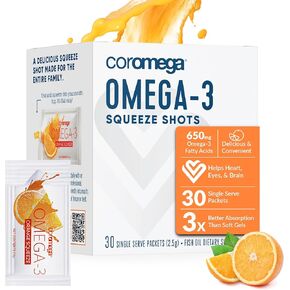 Coromega Omega 3 Fish Oil Supplement, 650mg of Omega-3s with 3X Better Absorption Than Softgels, Orange Flavor, 30 Single Serve Squeeze Packets in Kuwait