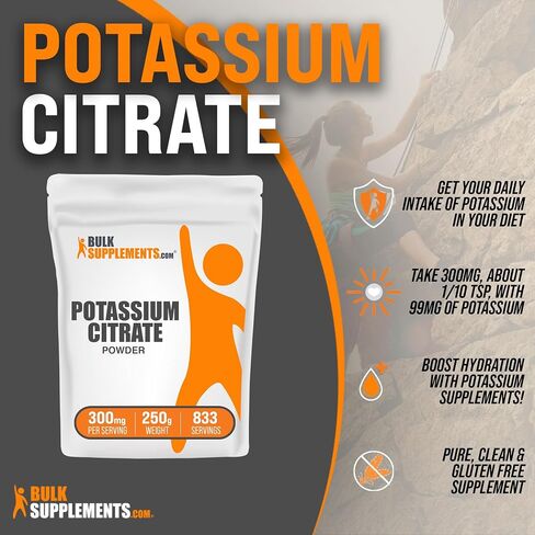 BulkSupplements.com Potassium Citrate Powder - Potassium Citrate Supplement, Potassium Powder, Potassium 99mg - Gluten Free, 300mg per Serving, 500g (1.1 lbs) (Pack of 1) in Kuwait