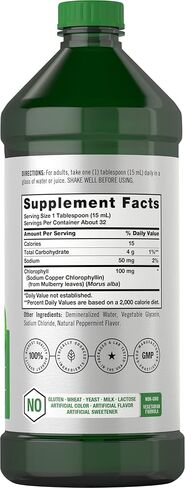 Chlorophyll Liquid Drops 100mg | 32 oz (2 x 16 oz Bottles) | Natural Peppermint Flavor | Vegetarian, Non-GMO, and Gluten Free Formula | by Horbaach in Saudi Arabia