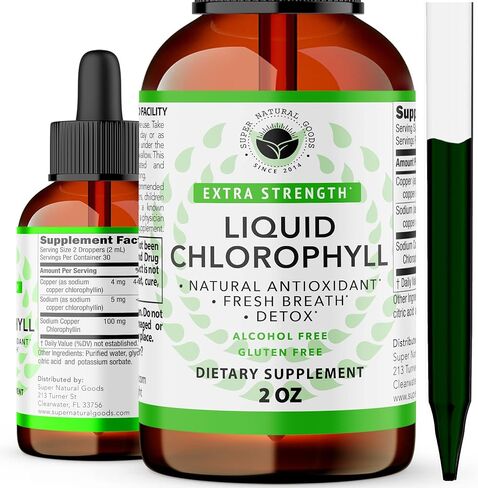 سوبر ناتشورال جودز قطرات سائلة من الكلوروفيل - دعم المناعة، تعزيز الطاقة الصباحية، رائحة الجسم، حب الشباب، دعم الهضم، والتخلص السريع من السموم - طبيعية ونباتية in Kuwait