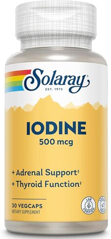 Solaray Iodine 500 mcg، مكمل اليود لدعم صحة الغدة الكظرية والغدة الدرقية، الطاقة، التمثيل الغذائي، والتركيز، يوديد البوتاسيوم، نباتي، ضمان استعادة الأموال لمدة 60 يومًا، 30 وجبة، 30 كبسولة نباتية in Kuwait