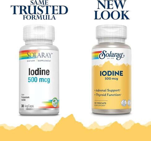 Solaray Iodine 500 mcg، مكمل اليود لدعم صحة الغدة الكظرية والغدة الدرقية، الطاقة، التمثيل الغذائي، والتركيز، يوديد البوتاسيوم، نباتي، ضمان استعادة الأموال لمدة 60 يومًا، 30 وجبة، 30 كبسولة نباتية in Kuwait