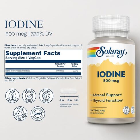 Solaray Iodine 500 mcg، مكمل اليود لدعم صحة الغدة الكظرية والغدة الدرقية، الطاقة، التمثيل الغذائي، والتركيز، يوديد البوتاسيوم، نباتي، ضمان استعادة الأموال لمدة 60 يومًا، 30 وجبة، 30 كبسولة نباتية in Kuwait