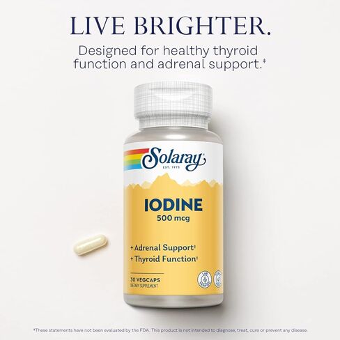 Solaray Iodine 500 mcg، مكمل اليود لدعم صحة الغدة الكظرية والغدة الدرقية، الطاقة، التمثيل الغذائي، والتركيز، يوديد البوتاسيوم، نباتي، ضمان استعادة الأموال لمدة 60 يومًا، 30 وجبة، 30 كبسولة نباتية in Kuwait