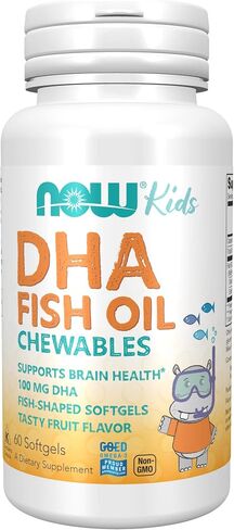 NOW Supplements, DHA Kids 100 mg, Supports Brain Health*, Fruit Flavor, 60 Chewable Softgels, packaging may vary in Saudi Arabia