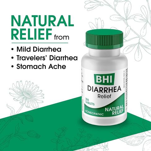 BHI Diarrhea Relief Fast-Acting Natural Remedy for Mild Diarrhea 8 Soothing Homeopathic Actives Help Calm Stomach Pain Gas Indigestion & Cramps for Women & Men - 100 Tablets in Saudi Arabia