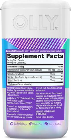 OLLY Combat Cravings, Metabolism & Energy Support Supplement, Chromium, Green Tea, Goji Berry, Ginger, Boost Energy - 30 Count in Kuwait