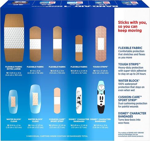 Band-Aid Brand Adhesive Bandage Family Variety Pack in Assorted Sizes Including Water Block, Sport Strip, Tough Strips, Flexible Fabric and Disney Bandages for First Aid and Wound Care, 120 ct in Saudi Arabia