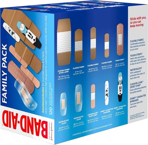 Band-Aid Brand Adhesive Bandage Family Variety Pack in Assorted Sizes Including Water Block, Sport Strip, Tough Strips, Flexible Fabric and Disney Bandages for First Aid and Wound Care, 120 ct in Saudi Arabia