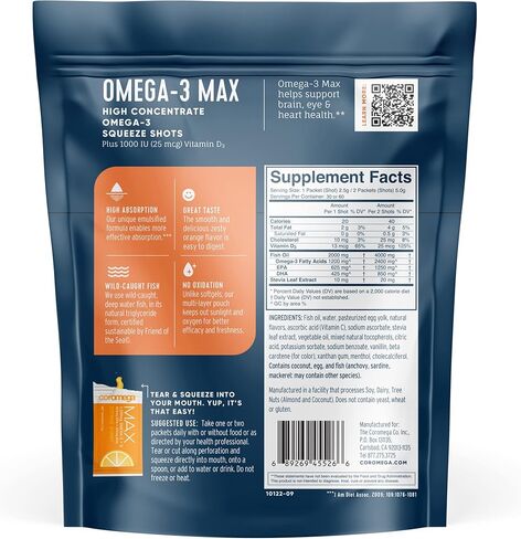 كوروميجا ماكس زيت السمك أوميغا 3 عالي التركيز، 2400 مجم أوميغا 3 مع امتصاص أفضل 3 مرات من الكبسولات الطرية، 60 عبوة فردية، نكهة الحمضيات؛ مكمل مضاد للالتهابات مع فيتامين د in Kuwait