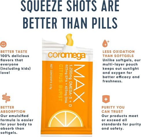 كوروميجا ماكس زيت السمك أوميغا 3 عالي التركيز، 2400 مجم أوميغا 3 مع امتصاص أفضل 3 مرات من الكبسولات الطرية، 60 عبوة فردية، نكهة الحمضيات؛ مكمل مضاد للالتهابات مع فيتامين د in Kuwait