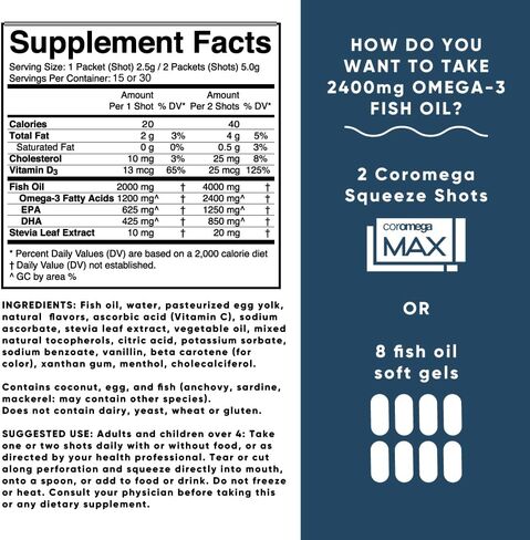 كوروميجا ماكس زيت السمك أوميغا 3 عالي التركيز، 2400 مجم أوميغا 3 مع امتصاص أفضل 3 مرات من الكبسولات الطرية، 60 عبوة فردية، نكهة الحمضيات؛ مكمل مضاد للالتهابات مع فيتامين د in Kuwait