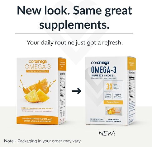 Coromega Omega 3 Fish Oil Supplement, 650mg of Omega-3s with 3X Better Absorption Than Softgels, Orange Flavor, 30 Single Serve Squeeze Packets in Kuwait