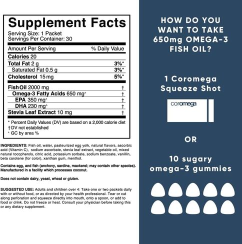 Coromega Omega 3 Fish Oil Supplement, 650mg of Omega-3s with 3X Better Absorption Than Softgels, Orange Flavor, 30 Single Serve Squeeze Packets in Kuwait