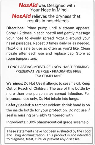 NozAid Nasal Moisturizer Spray w/Sesame Oil .34 oz Moisturizing Lubricant for Dry, Crusty, Cracked, Stuffy Nose Relief, Nosebleeds, Preservative Free by NozAid in Saudi Arabia