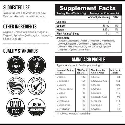 Plant Aminos Organic Essential Amino Acids (EAAs) & BCAA - 100% Plant-Based Raw, Vegan - All 9 Amino Acids with 18 Total Amino Acids (360 Tablets) in Saudi Arabia