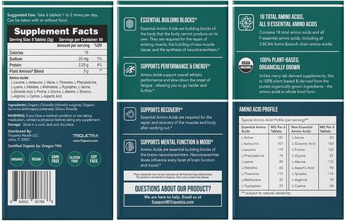 Plant Aminos Organic Essential Amino Acids (EAAs) & BCAA - 100% Plant-Based Raw, Vegan - All 9 Amino Acids with 18 Total Amino Acids (360 Tablets) in Saudi Arabia