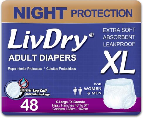 ملابس داخلية LivDry للبالغين XL لسلس البول، قدرة على الامتصاص أثناء الليل، حماية من التسرب، مقاس X-Large، 48 قطعة in Kuwait