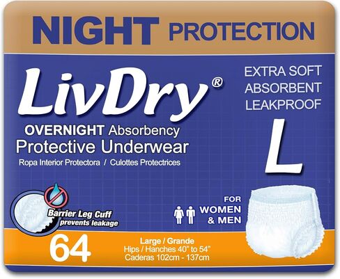 ملابس داخلية LivDry للبالغين XL لسلس البول، قدرة على الامتصاص أثناء الليل، حماية من التسرب، مقاس X-Large، 48 قطعة in Kuwait