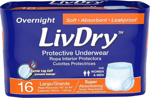ملابس داخلية LivDry للبالغين XL لسلس البول، قدرة على الامتصاص أثناء الليل، حماية من التسرب، مقاس X-Large، 48 قطعة in Kuwait