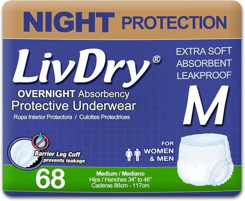 ملابس داخلية LivDry للبالغين XL لسلس البول، قدرة على الامتصاص أثناء الليل، حماية من التسرب، مقاس X-Large، 48 قطعة in Kuwait